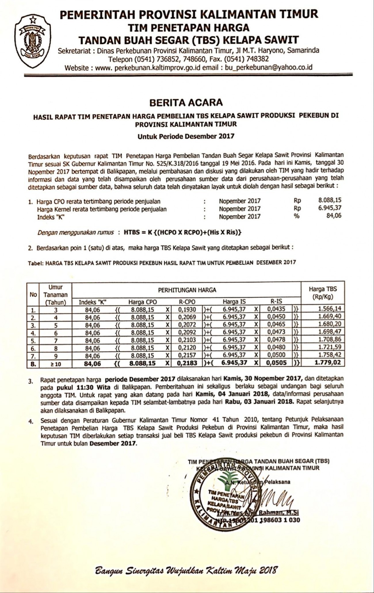 Informasi Harga TBS Kelapa Sawit Bulan Desember 2017